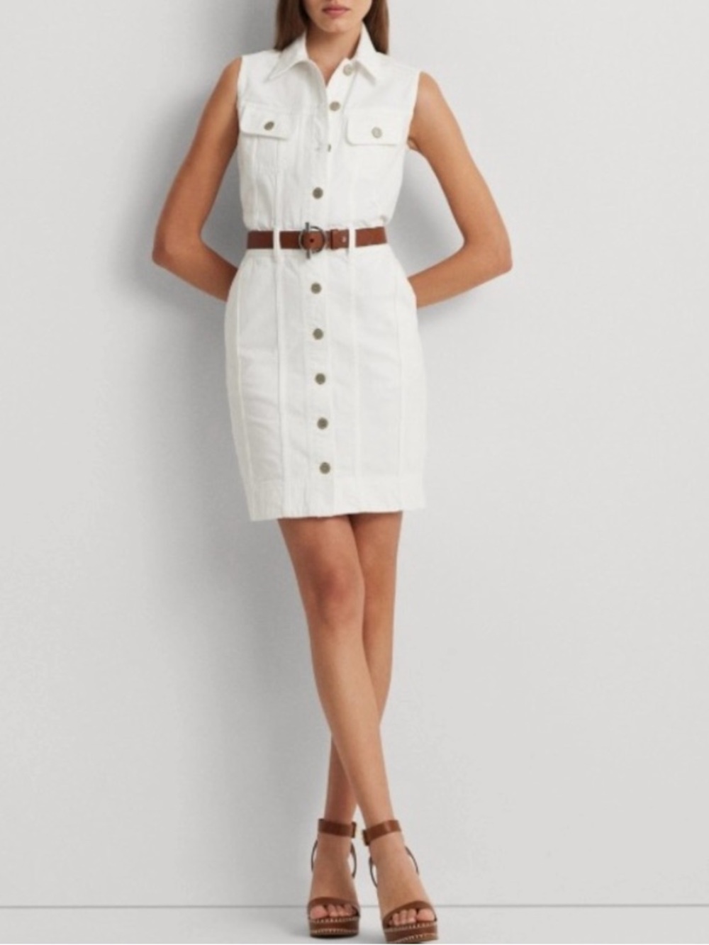 🆕 Ralph Lauren Women's White Denim Trucker Dress Cotton Size 10 Sleeveless